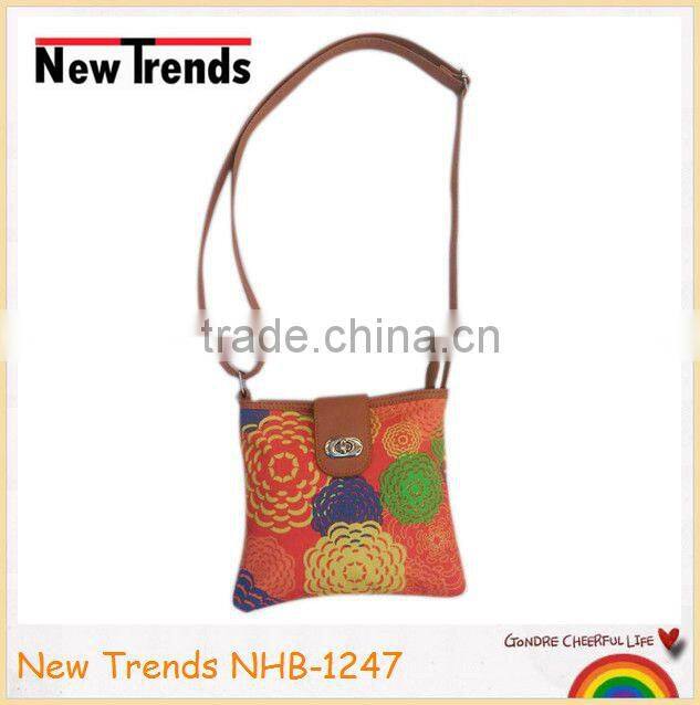 Fashion red combo aztec tribal printing canvas and PU shoulder bag