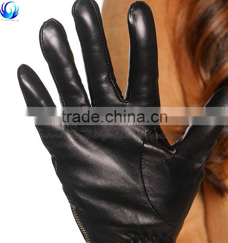 Elegant ladies winter silk lined black sheepskin leather gloves with zipper
