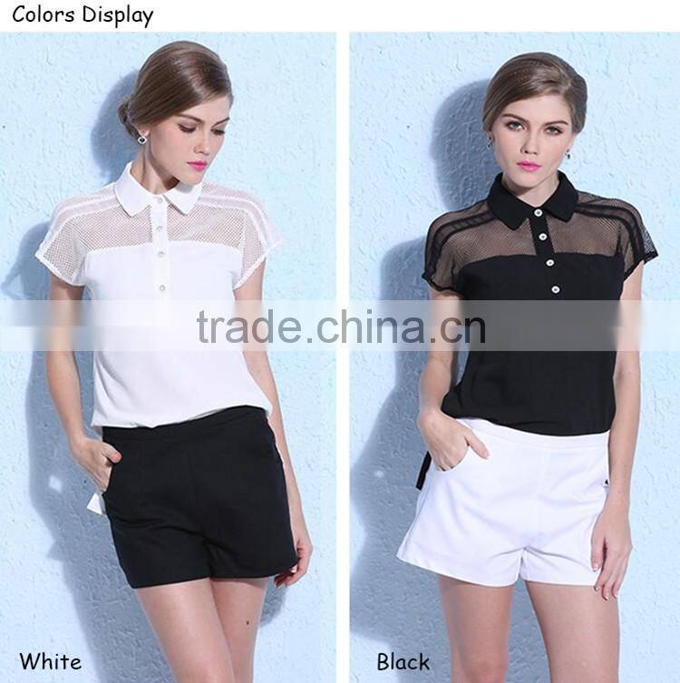 Women Blouses 2016 Summer Shirts Fashion Sexy White Black Blusas Casual Short Sleeve Lace Top Chiffon Blouse