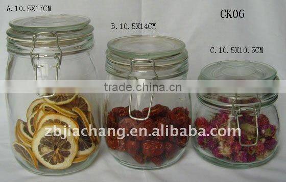 Clear glass food storage bottle with metal clip