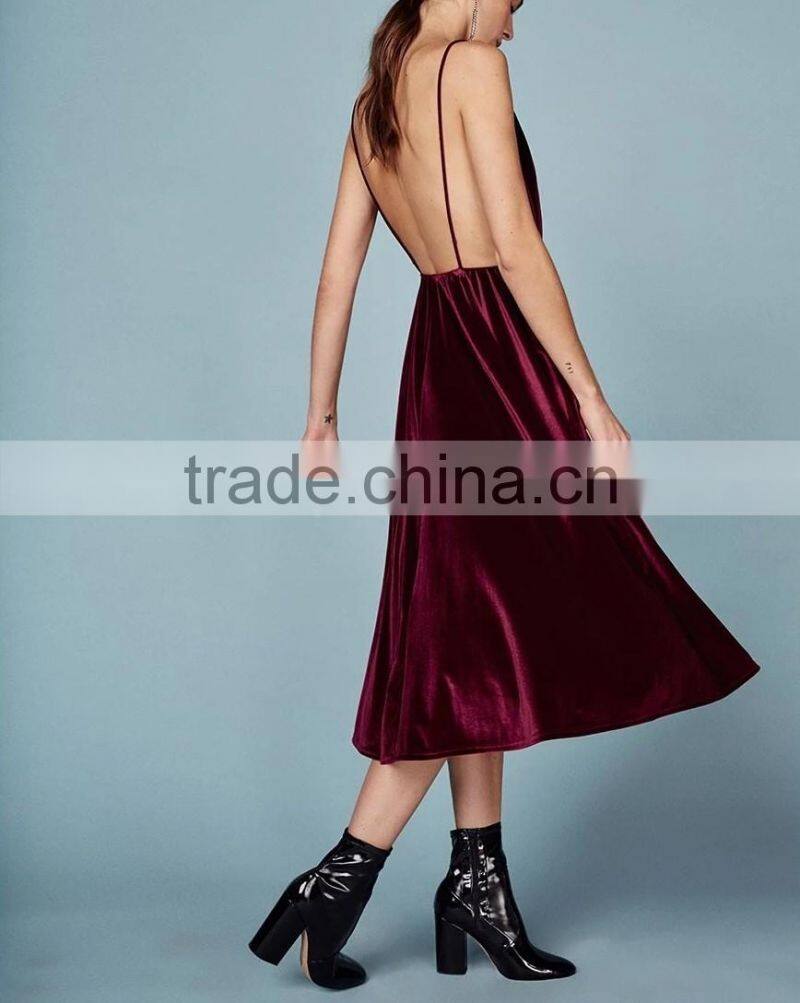 Sexy Low V-neckline Velvet Fabric Spaghetti Straps Cocktail Dress With Open Back Evening Party Gown 2016 HSD5799