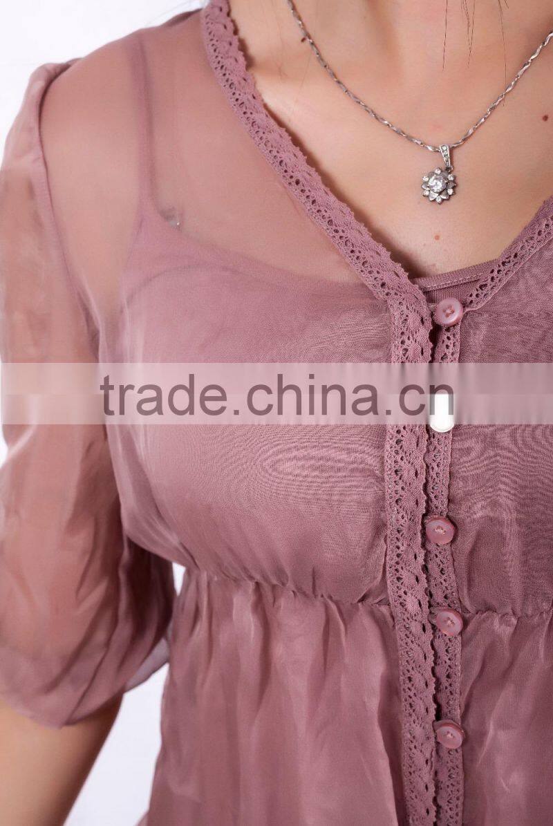 New fashion Women V -neck pleated 100% silk dress for autumn 2015