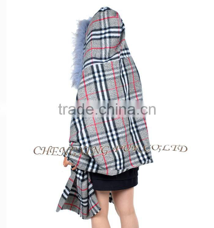 CX-B-P-39 Cheap Genuine Raccoon Fur Trim Pashmina Shawls Wholesale With Hood