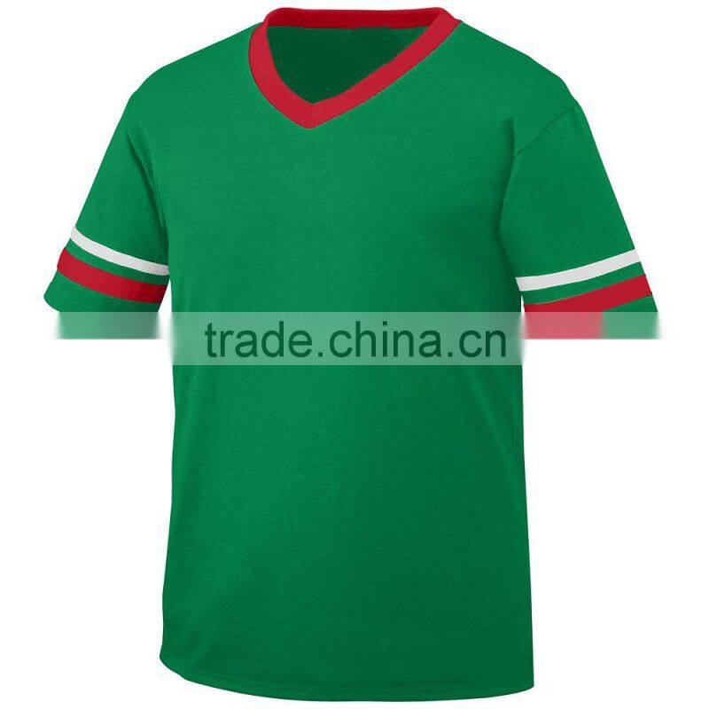 Young Man Sleeve Stripe Jersey Customize Contrast Color 1X1 Rib Knit V-Neck Collar Tee 50% Polyester 50% Cotton Material Jersey