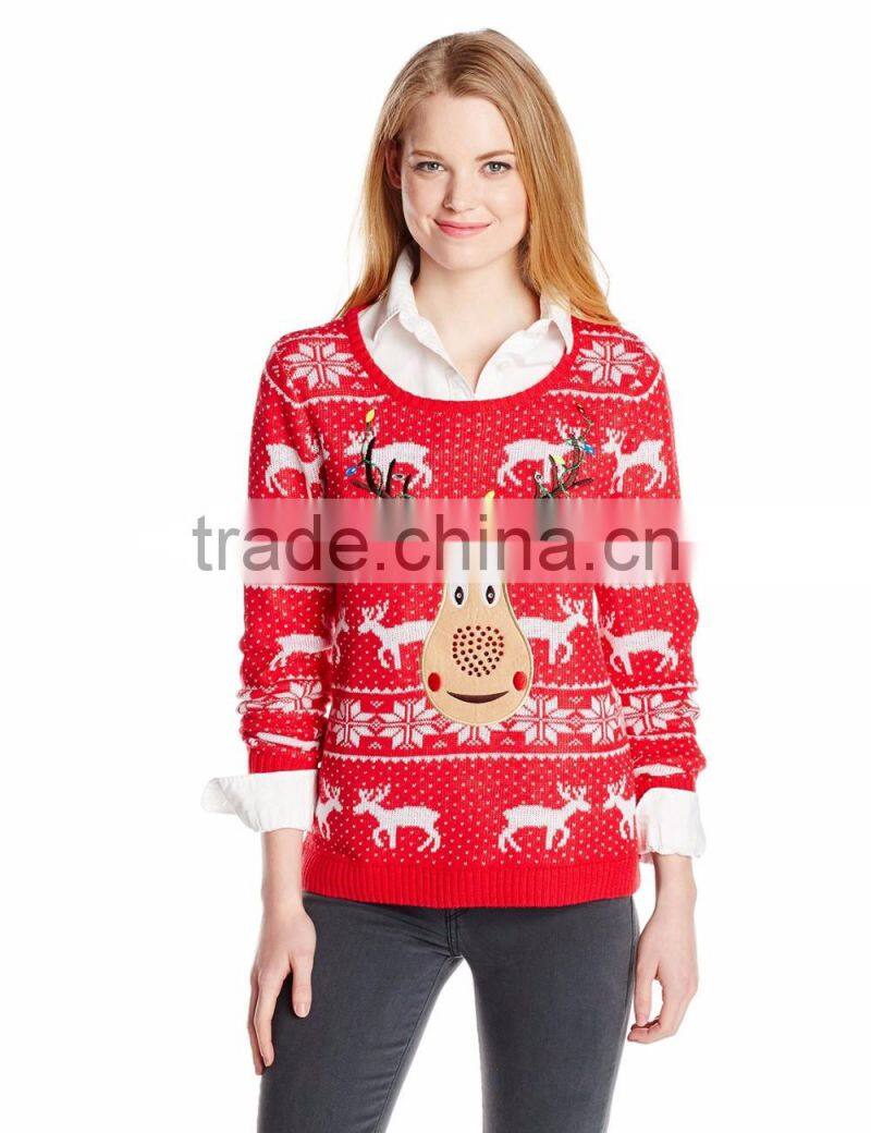 Women Red Sweater Reindeer Christmas Jacquard Pattern Christmas Jumper