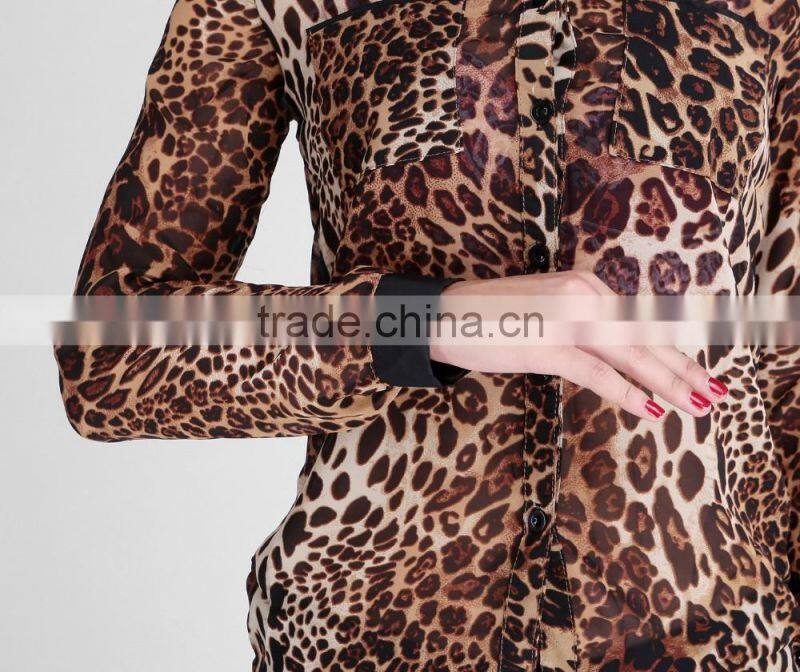 2015 Women Blouse Leopard Print Shirt Long sleeve V -Neck Top Loose Blouses Plus Size Chiffon Shirt