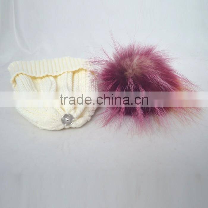 Myfur Elegant Women White Color Wool Blend Hat and Cap with Fur Ball Top