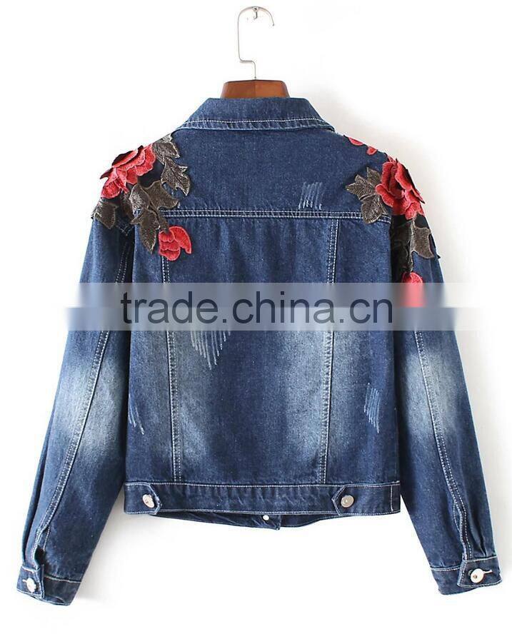 Runwaylover EY1051C Latest Classic Fashion Floral Embroidery Denim Jacket Women Wholesale Denim Jackets
