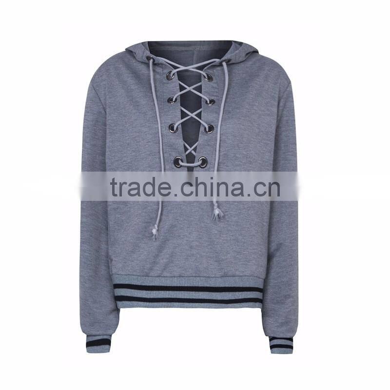 2017 Fashion Gray Lace Up Front Stripe Trims Hoodie for Ladies
