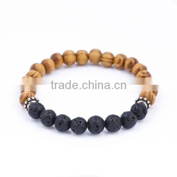 Stone Lava Wood Beaded Healing Bracelet Antique Silver Gear Black & Brown Elastic 23.5cm long