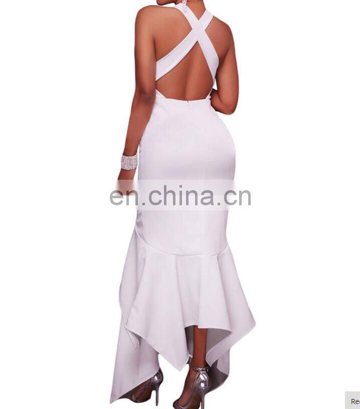 2017 New In Cross Stripe Back Sexy Double Layers Ruffle Waist Band White Maxi Dress