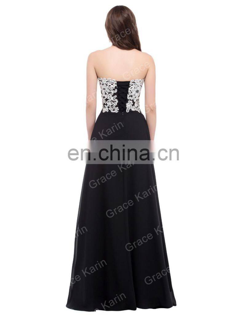 Grace Karin Strapless Sweetheart Floor Length Evening Dress Black Pink Chiffon Wholesale Evening Dresses CL6135-1#