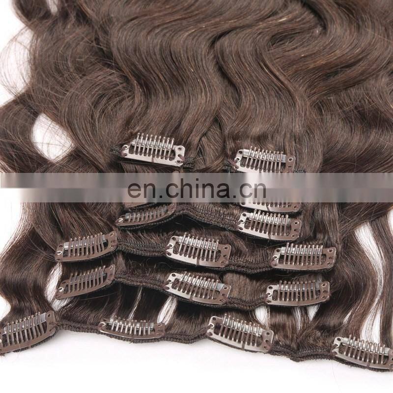 Factory price fashional virgin dark brown bohemian remy clip in human hair extension