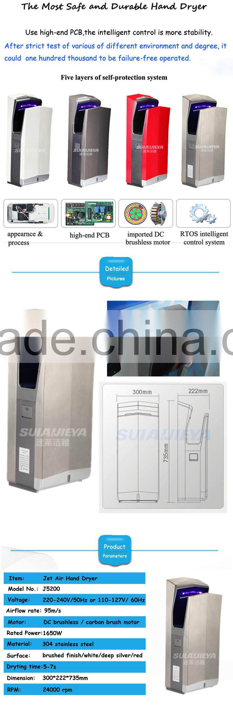 hot-sale automatic high speed air jet hand driers steel with HEPA filter