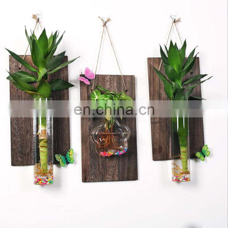 Wall-mounted Glass Vase Home Decor Glass & Wooden Flower Pot Vintage Wood Wall Hanging Heart Shape Vase
