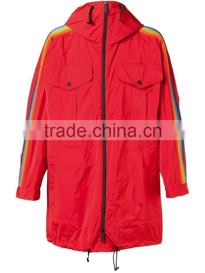 2016 new design stylish hooded red rainbow mens winter trench coat