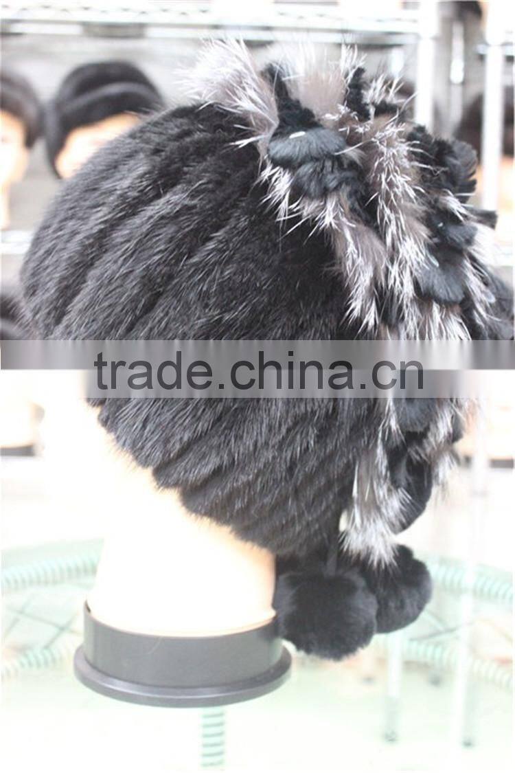 Real Mink Fur Beanies With Silver Fox Fur Pompom Handmade Knitted Hat For Ladies