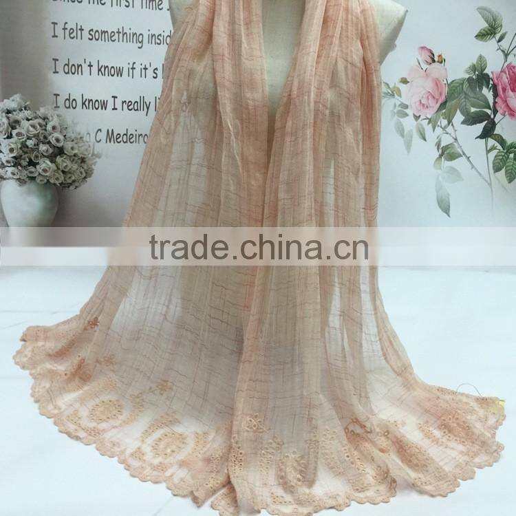 Leisure Japanese Literary Art Style Vintage Plain Flower Embroidery Wholesale Cotton Linen Scarves