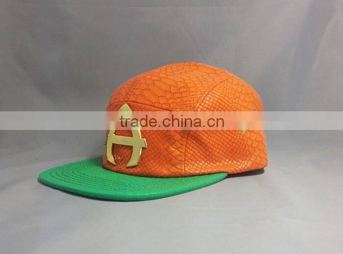 Custom Gold Metal Plate 5 panel hat Orange Crocodile Leather Watermelon Snapback hats