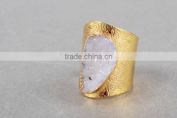 Golden hammered wide druzy ring cocktail ring adjustable band gemstone ring with stone