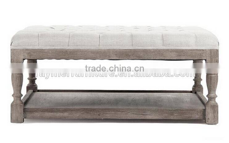 Cottage furniture Rustic wooden frame linen tufted Upholstered coffee table