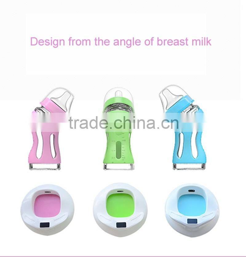 Imitating breast milk feeding design glass baby feeding bottle pink green bule color with temperature sensing base