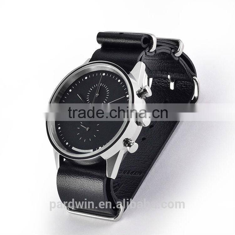 Sport designed watch japan chronograph quartz movement stainless steel case 10ATM water resistance black leather wristband