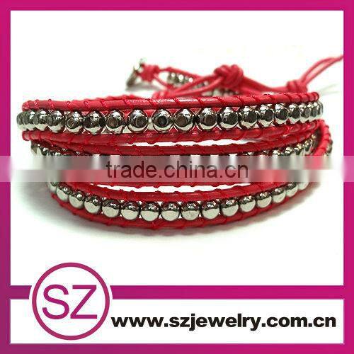 Fashion red jade beads beaded wrap leather bracelet for men