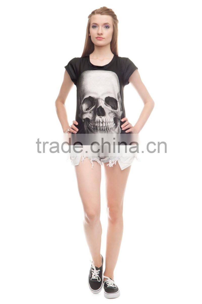 China Supplier Hot Sale Custom 3D Printing Skull Black Branded Woman T-shirt