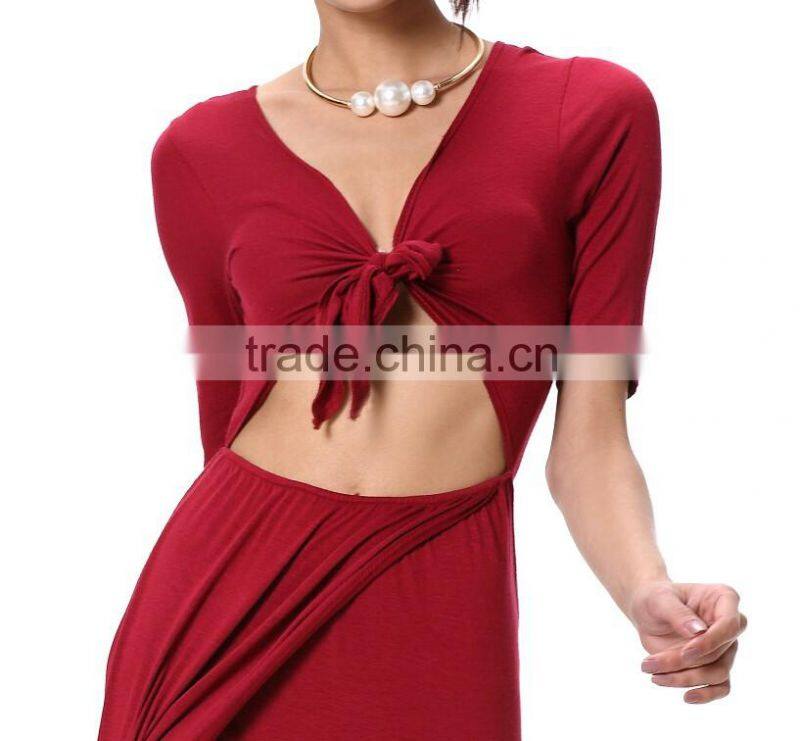 100% Rayon Half Sleeve Tie Front Simple One Piece Long Dress with a Side