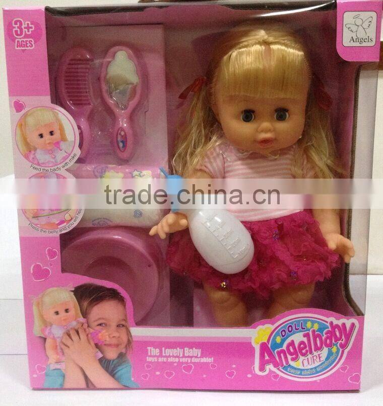 Hot selling 14inch soft material doll set drinking peeing girl baby doll toy