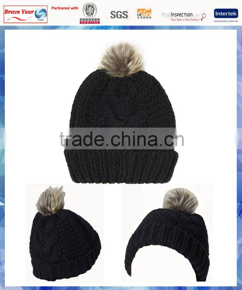 Black chunky cable knit hat/custom pom pom beanies/fur pom pom beanie