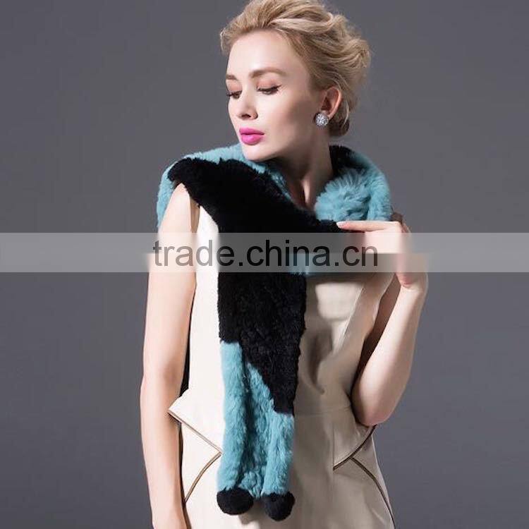 New Arrival Real Ladies Mixed Color Knitted Rex Rabbit Fur Scarf for Fashionable Girls'