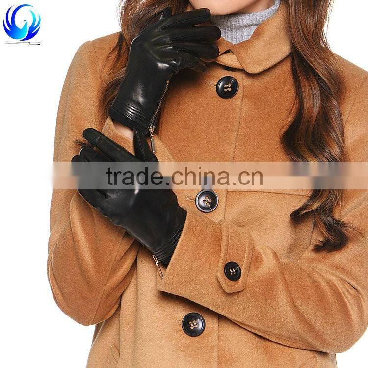 Elegant ladies winter silk lined black sheepskin leather gloves with zipper