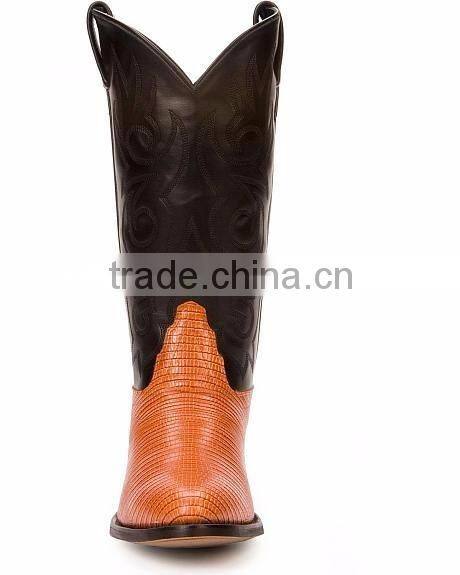 Black cognac fancy stitched manmade shaft leather lizard printed western cowboy boots