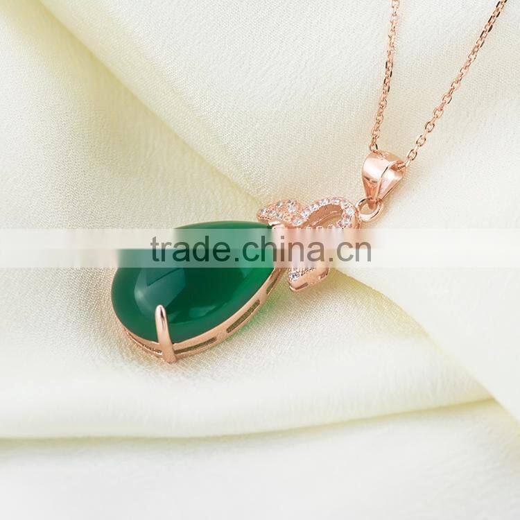 Classic design, 18k real gold plating solid silver necklace fashion jewelry with natural green chalcedony pendant