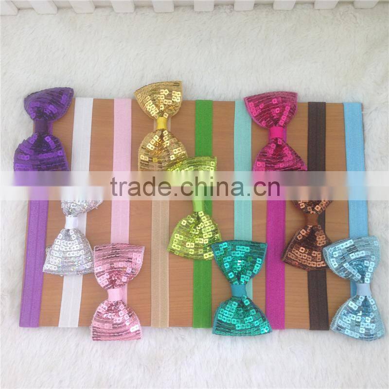 New Arrival 3inch Sequin Hair Bows Sequin Bows With Elastic Baby Headband for Baby Girls Hairband for Headwear in Stock