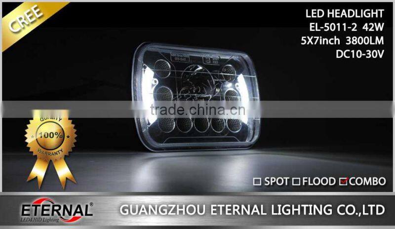 New-5x7in 42W automotive truck off road sealed beam led headlight dual beam with halo ring H4 plug