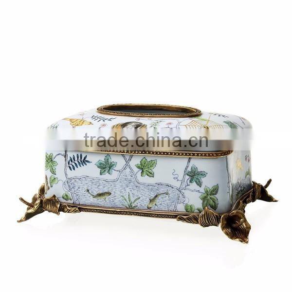 Elegant Blue & White Painted Ceramic Tissue Case With Bronze Base, Porcelain With Brass Tissue Box with Cover