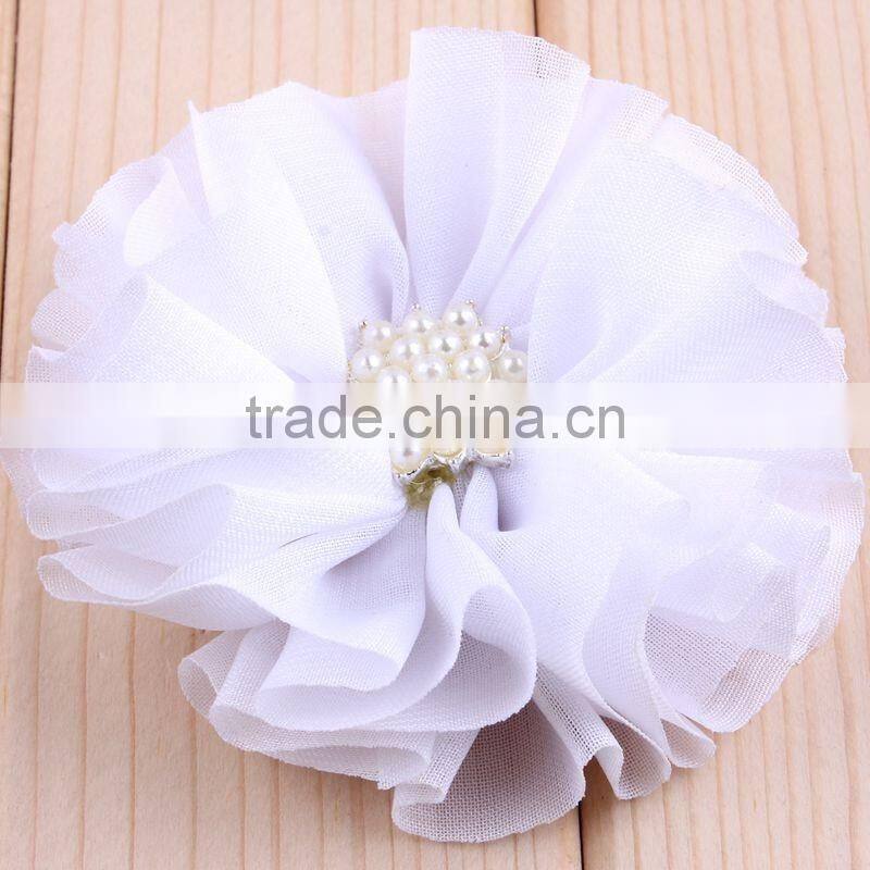 hot cutting chiffon flower with pearl bead center for kids hair accessories