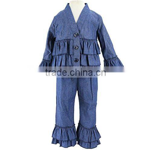 Spring Girls Fashion Denim Jeans Outwear Jacket Ruffle Overcoat Suit Pant Coat Children