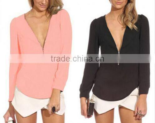 2016 New Fashion Women Autumn Sexy Long Sleeve Zipper Chiffon Blouse