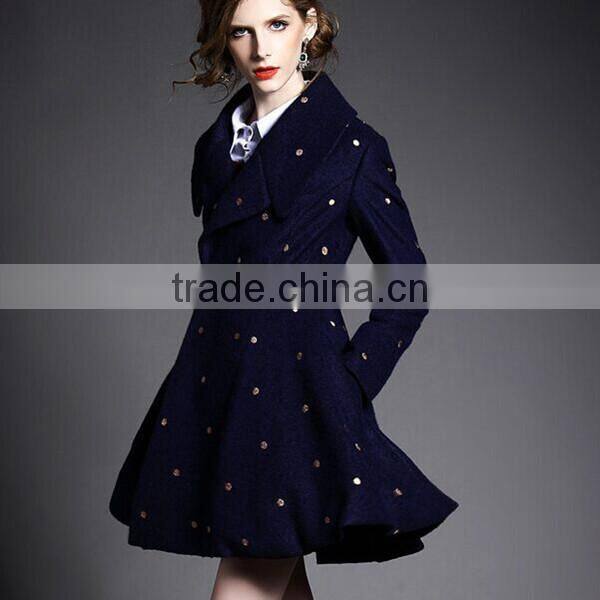 Women European Style Polka Dot Long Sleeve Tailored Collar Slim and Flare mid-long winter worsted coat
