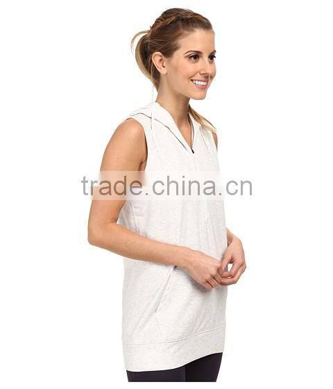 women vest waistcoats with hooded sleeveless half-zip hoodie white and gray color