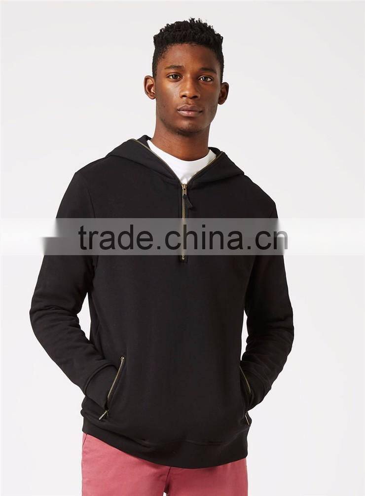 Plain Black Half Zip Classic Fit Hoodie With Zipper Pockets Front Blank Men Sweatshirt With Custom Tags