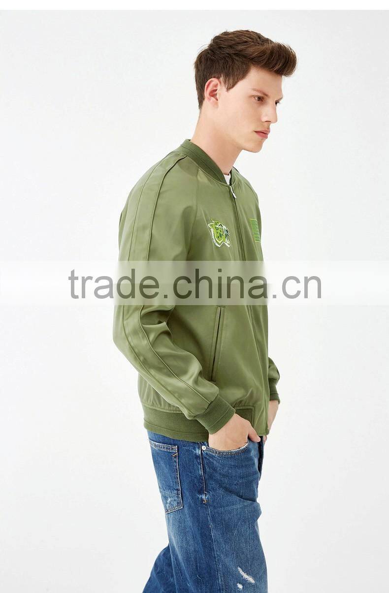 2017 Oem Fashion Custom Embroidery Logo Long Sleeve Army Green Men 100% Polyester Bomber Jacket
