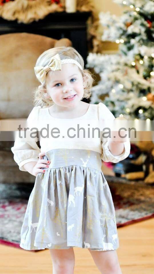 2017 Girls Christmas Reindeer Holiday Dress Stripe Woven Cotton Printed Dress
