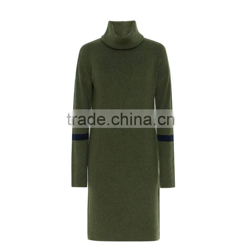 2017 fashion design ladies green color turtleneck sweater dress
