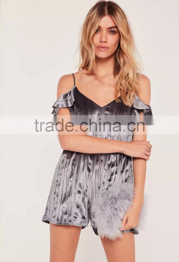 2017 summer sexy pleated velvet frill cold shoulder sleeve womens playsuit