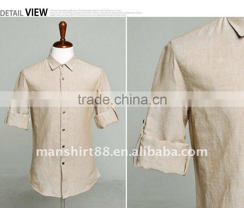 mens linen slim fit beige long sleeve dress shirt